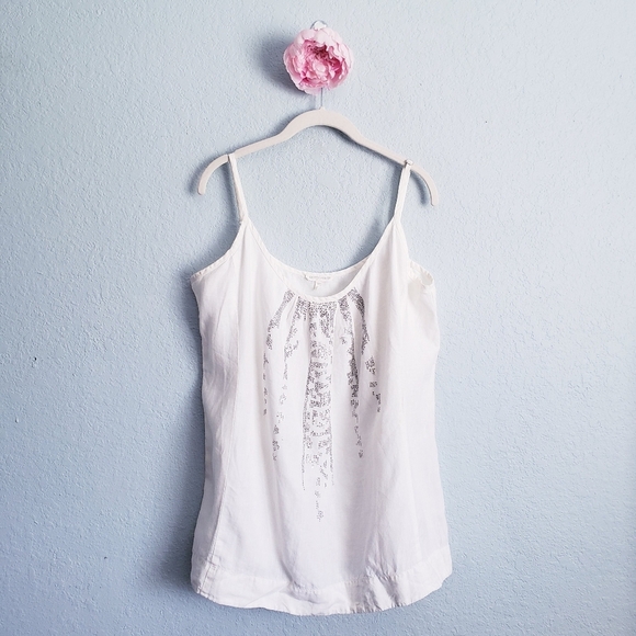 Eileen Fisher White Organic Linen Embellished Boho Tank Top - Picture 1 of 7